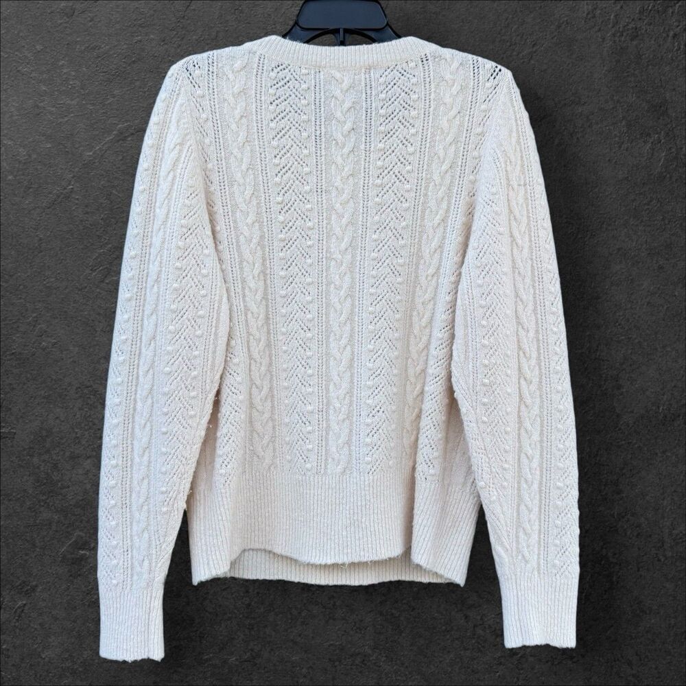 J. Crew Pointelle Cable Knit Sweater Size L Cream Alpaca Wool Crew Neck Preppy - Picture 3 of 5